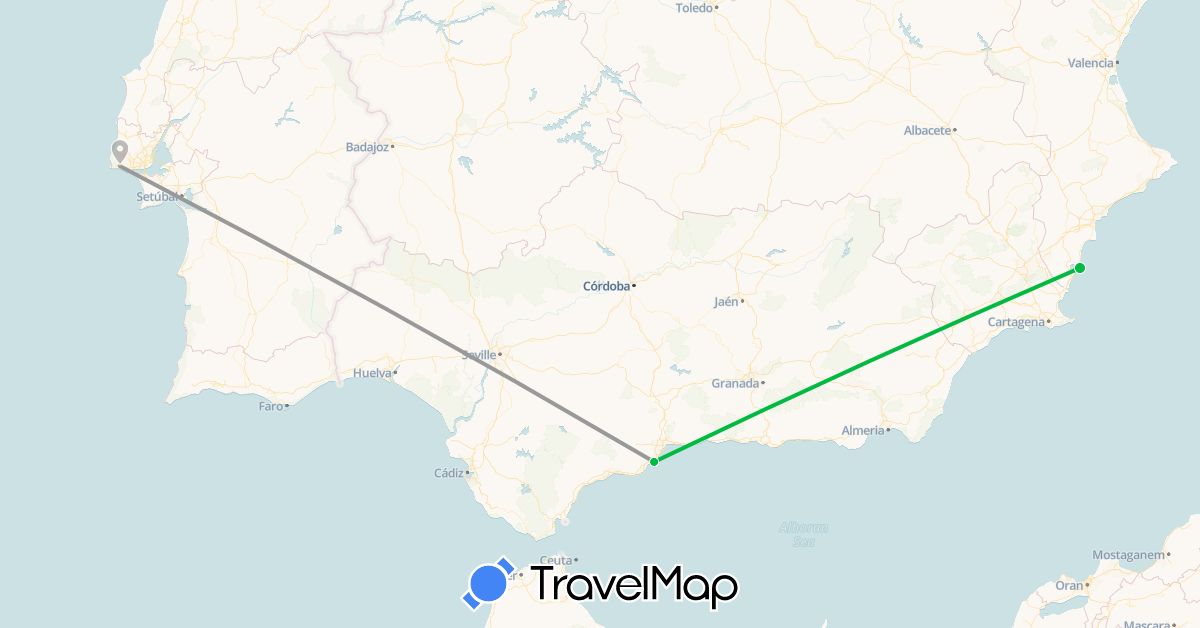 TravelMap itinerary: driving, bus, plane in Spain, Portugal (Europe)